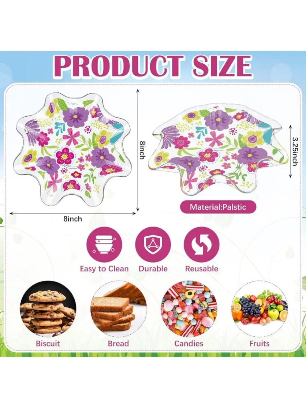 4 Pcs Floral Plastic Bowls - 8 Inch Daisies & Wildflowers, Reusable Snack